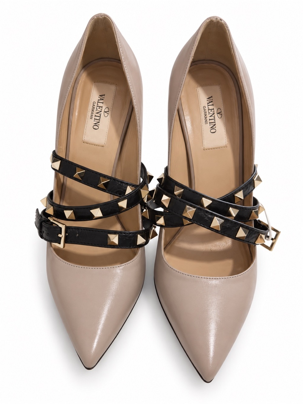 Valentino Beige Pointed Leather Pumps with Black Studded Straps